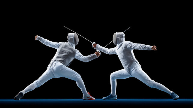 Two fencers in white gear dueling on dark background, demonstrating precision, agility, competitive spirit and dynamic movement in modern fencing sport.