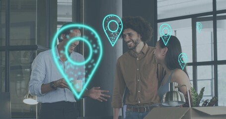 Standing three coworkers in business casual, laughing, holding coffee mug in office, cyan AR pins