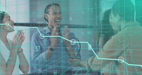 Clapping team witnessing handshake in office in business attire with digital 3D grid and line graph