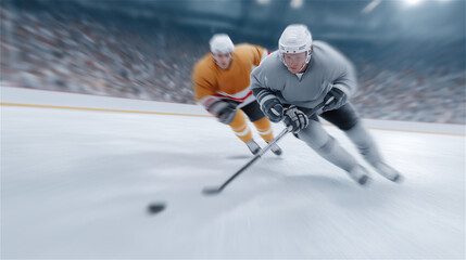Ice hockey players competing on rink with fast movement and dynamic intensity, symbolizing teamwork, speed, athletic skill and action-packed winter sports environment.
