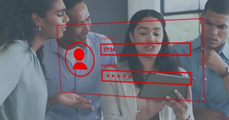 Gathering four coworkers in business casual leaning toward tablet in office, showing red login FP34