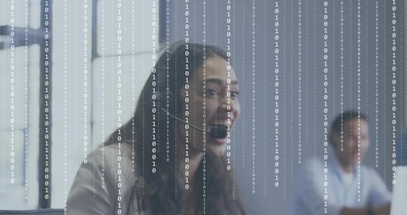 Speaking woman wearing headset and business-casual blouse in modern office, showing binary overlay