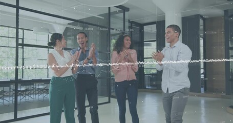 Clapping four coworkers celebrating in office near glass rooms, wearing shirts, waveform overlay
