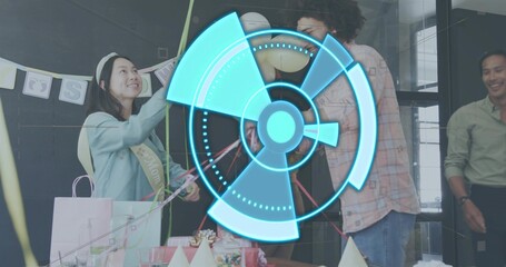 Smiling woman wearing sash-headband pulling streamers in conference room, with cake, HUD overlay