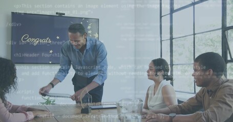 Handing man in blue shirt leaning over table in office, offering document with Congrats slide