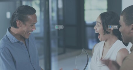 Gasping woman in sleeveless white top holding glass trophy in office lobby, numeric tags 3725 8293