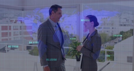 Discussing, two execs in business attire holding tablet near windows with plant and digital overlay
