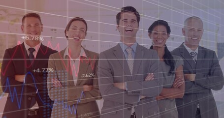 Standing five person team in suits crossing arms in office, with translucent charts overlay
