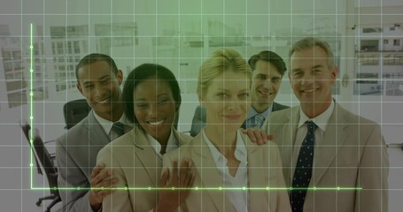 Posing five colleagues wearing suits and blazers in office, with green grid and waveform overlay