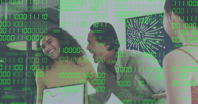 Celebrating team laughing and leaning in office, woman in mustard top holding award with green code