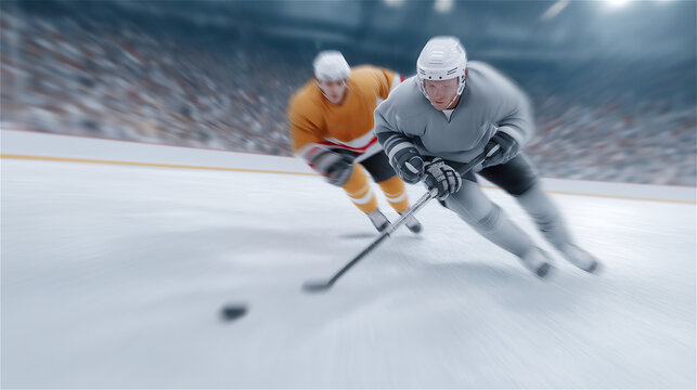 Ice hockey players competing on rink with fast movement and dynamic intensity, symbolizing teamwork, speed, athletic skill and action-packed winter sports environment. - Powered by Adobe