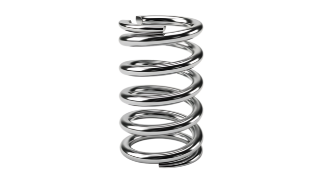 Polished Silver Metal Coil Spring, Rounded Ends, cutout, PNG isolated on white or transparent background