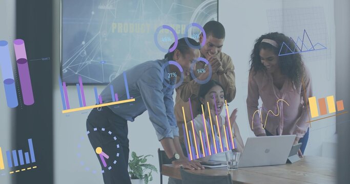 Pointing four coworkers leaning at wooden table, viewing laptop with data overlay, in business wear - Powered by Adobe