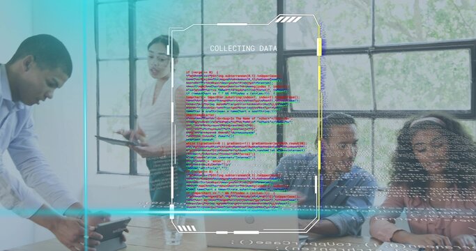 Meeting team of four viewing COLLECTING DATA overlay in meeting room with tablets, business casual