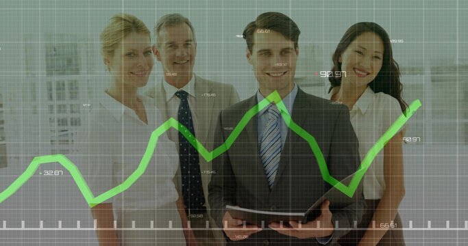Holding tablet, center executive in suit presenting data in bright office, with green graph overlay - Powered by Adobe