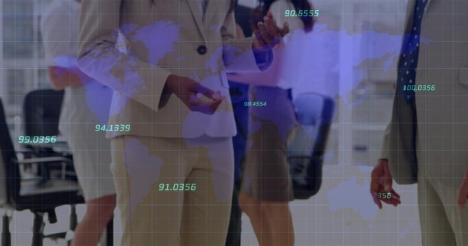 Discussing group of professionals wearing suits and blazers, gesturing in office with digital map