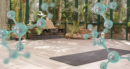 Placing black exercise mat centering on light wood floor in glass greenhouse, showing teal overlays