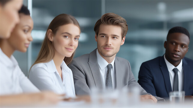 Diverse group of business professionals sitting together during a formal meeting, showing focused teamwork, corporate communication and modern office collaboration.