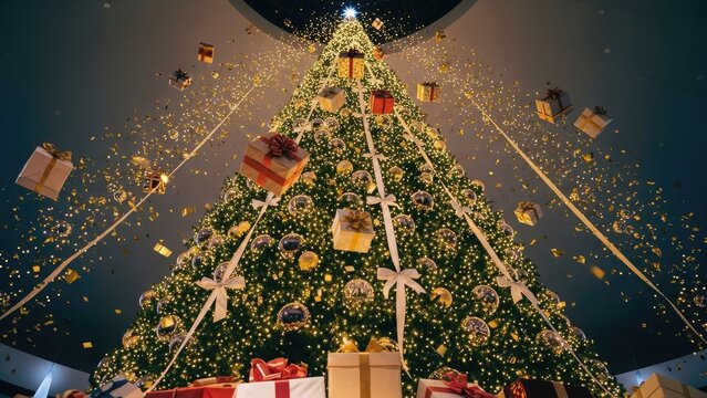 Majestic Christmas tree adorned with sparkling lights, clear baubles, and ribbons, surrounded by floating gift boxes and golden confetti.