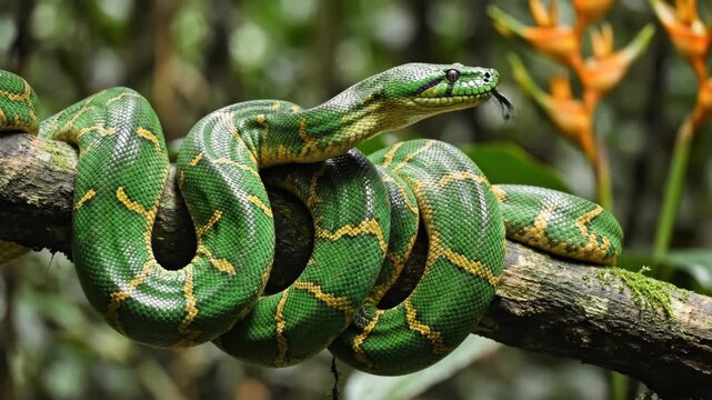 Green Python Coiling Around Tree Branch In Jungle 4K