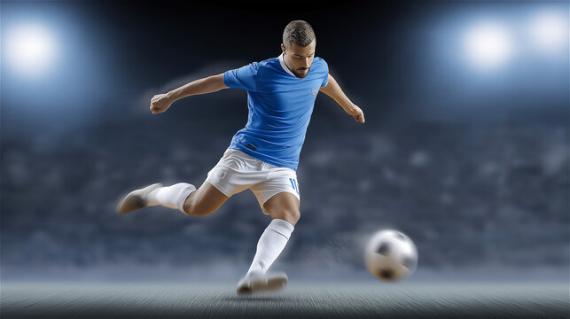 Male soccer player in dynamic motion striking the ball on a stadium field under bright lights, representing competition, sport intensity and athletic performance.