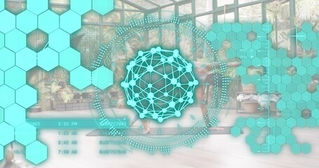 Showing Pacific Islander woman in sportswear doing deep backbend on blue mat in glasshouse with HUD