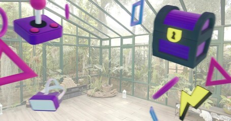 Showing glass conservatory with pitched roof, potted ferns, lanterns, joystick and VR headset © vectorfusionart