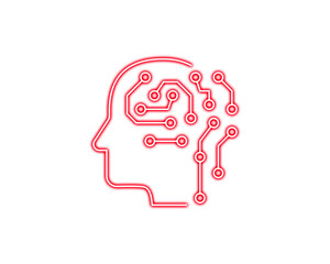 Neon red human head outline with circuit-style connections symbolizing artificial intelligence and digital thinking. Clean linear vector design ideal for tech branding, machine-learning concepts, and 