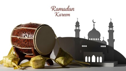 Ramadan Kareem with Bedug drum, Ketupat, and Mosque Silhouette