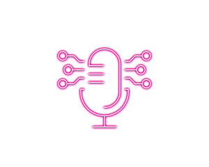 Neon pink digital microphone icon with circuit-style connections representing modern audio technology. Sleek linear vector design ideal for voice assistants, podcasts, and AI sound interfaces. Perfect