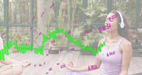 Meditating woman in lavender tank with white headphones in sunroom with chart overlays, copy space