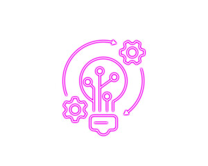 Neon pink technology innovation icon showing a lightbulb with circuit lines and rotating gear symbols. Modern digital concept representing ideas, automation, and progress. Ideal for tech branding, UI 