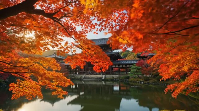 Tranquil temple grounds bathed in autumn light, vibrant foliage reflected in serene pond. <desc>
