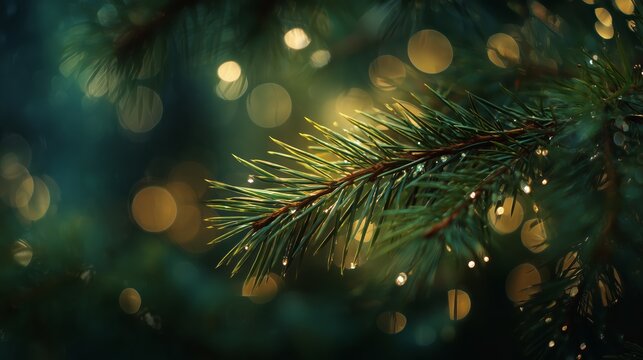 Close-up of green fir branches decorated with warm fairy lights, magical Christmas night background with soft golden bokeh and rain drops - Powered by Adobe