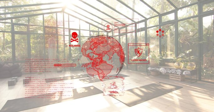 Floating red holographic globe and cyber HUD hovering in glass-walled studio, with yoga mats bench