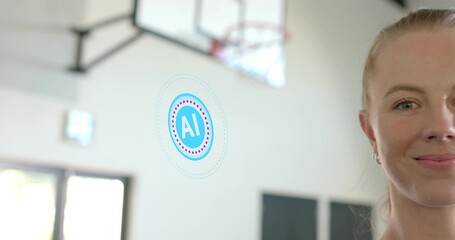 Facing adult woman in sleeveless top, showing gym with basketball hoop and AI overlay, copy space