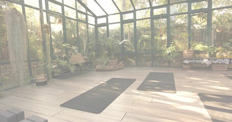 Displaying greenhouse-style yoga studio preparing for class with three dark mats, blocks, plants