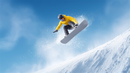 Snowboarder in yellow jacket performing an aerial trick against bright sky on a snowy slope, showcasing energy, winter sport, motion and extreme lifestyle.