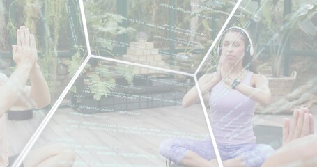 Meditating woman wearing purple tights and headphones on wood deck, with planter and code overlay