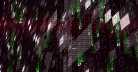 Naklejka premium Streaming cascading green binary column overlaying symbol tiles on virtual wall, showing red graph