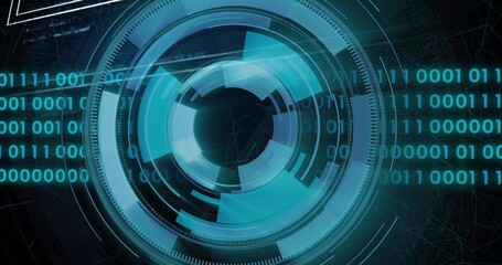 Displaying central circular HUD rotating in virtual dark tech background, with binary code streams