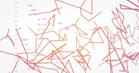 Displaying abstract network on white screen with orange-magenta nodes and HTML code column