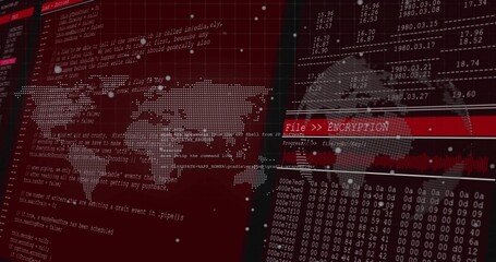 Showing dotted world map and wireframe globe in security UI, featuring File  ENCRYPTION banner