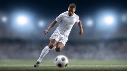 Soccer player in white uniform kicking ball on illuminated stadium field, dynamic motion highlighting sports action and competitive athletic energy.
