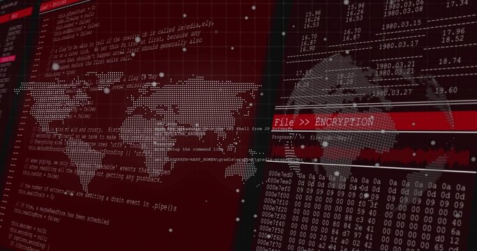Showing dotted world map and wireframe globe in security UI, featuring File  ENCRYPTION banner
