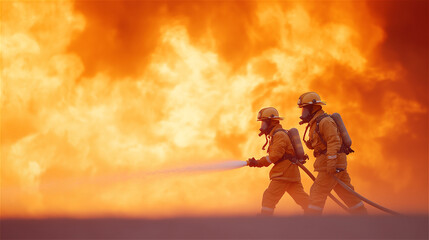 Firefighters in protective gear battling large blaze with intense flames, illustrating bravery, teamwork, emergency response and hazardous rescue work.