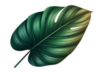 Large, dark green tropical monstera leaf on white background design
