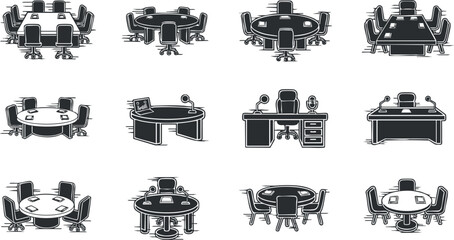 Obraz premium A collection of office furniture icons featuring desks, chairs, and meeting tables in black and white vector style, ideal for workspace design