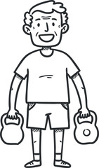 Obraz premium A cheerful man lifting kettlebells in a playful cartoon style illustration, suitable for fitness and wellness themes