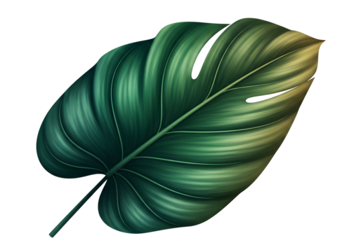Large, dark green tropical monstera leaf on white background design